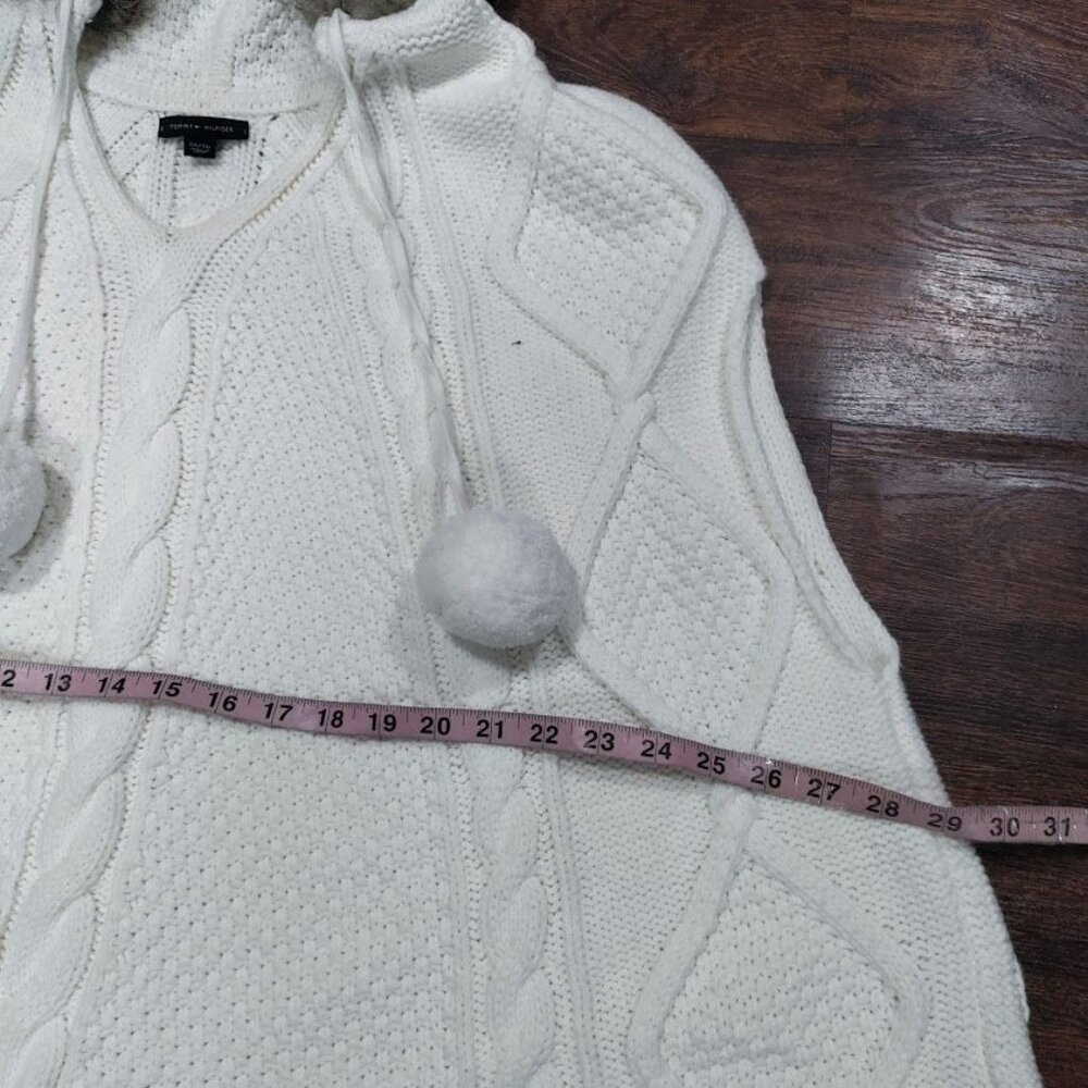 Tommy Hilfiger Cable Knit Poncho Sweater Faux Fur Trim Hooded Fringe Hem Onesize - Picture 15 of 16